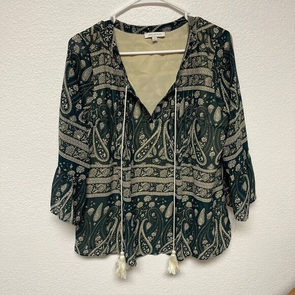 Skies are Blue Shirt Womens Small Green Cream Paisley Peasant Top Boho Bohemian - Picture 2 of 8